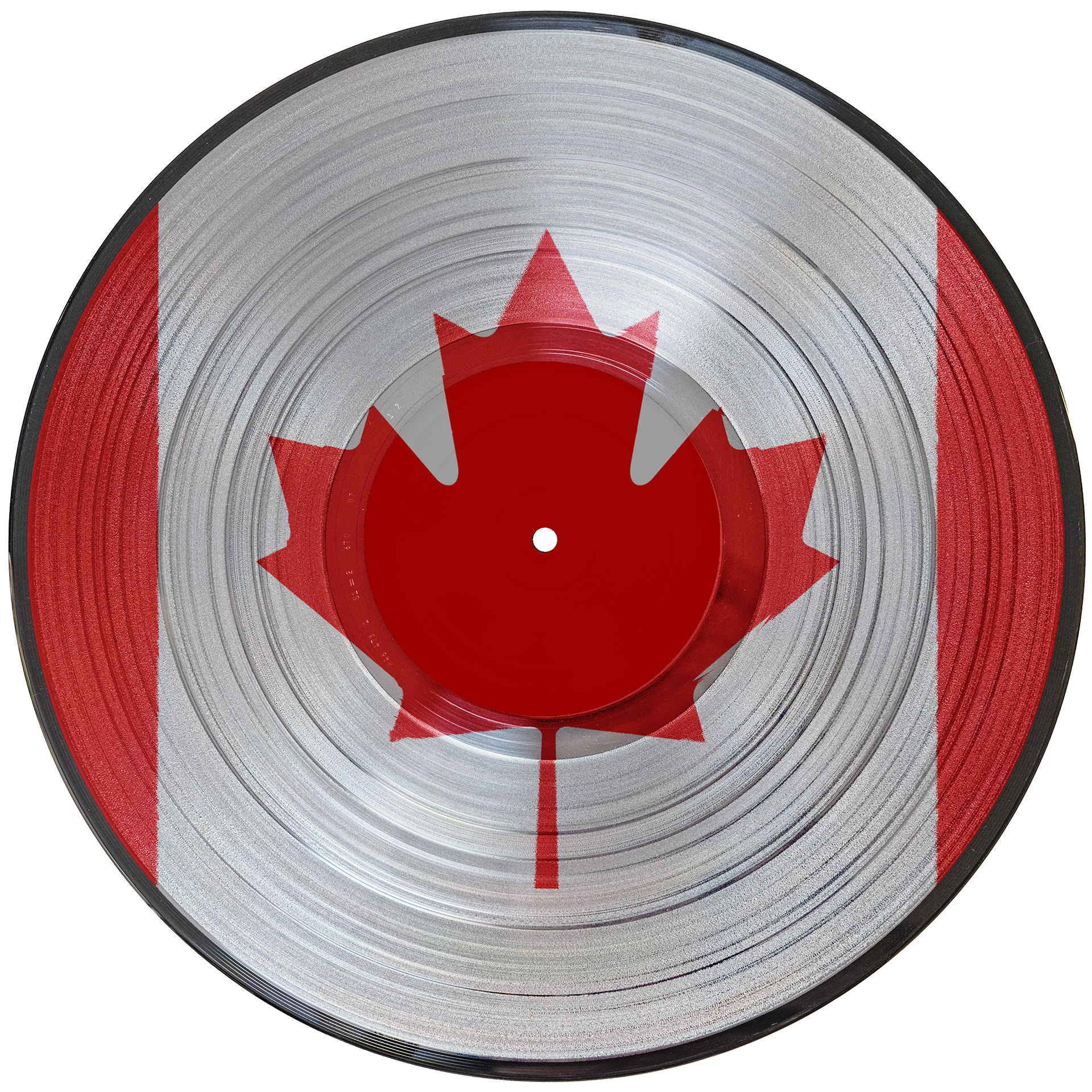 A picturedisc vinyl record of the flag of Canada isolated on a white background.